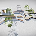 Modern Curved Landscape Seats With Green Trees And Architectural Model 3d model