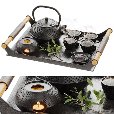 Traditional Cast Iron Tea Set with Bamboo Handle Tray Hot Teacups Steam and Green Leaves 3d model
