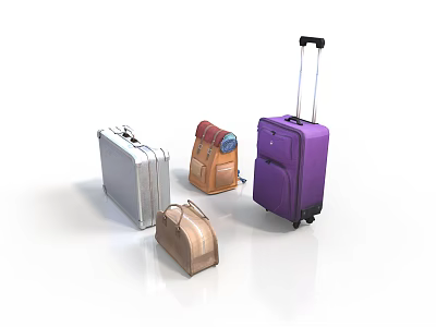 Colorful Travel Luggage Collection With Purple Rolling Suitcase Silver Handbag And Brown Backpack 3d model