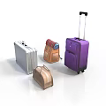 Colorful Travel Luggage Collection With Purple Rolling Suitcase Silver Handbag And Brown Backpack