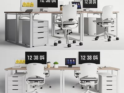 Modern Office Desk With White Chair Drawer Cabinet And Computer Monitor 3d model