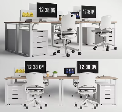 Modern Office Desk With White Chair Drawer Cabinet And Computer Monitor 3d model