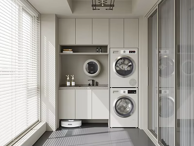 Modern Laundry Room With Washing Machine Dryer Cabinets And Window Blinds 3d model