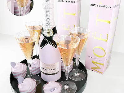 Pink And White Striped Frosted Cupcakes On Black Tray With Moet Champagne Bottle And Flutes 3d model