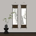 Chinese Landscape Paintings in Modern Interior With Bamboo Plant Stone Vase Light Wall Wooden Floor