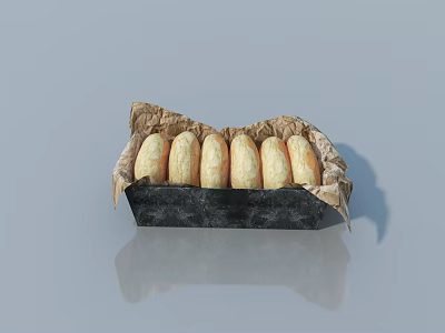 Fresh Baked Bread Loaves In Black Basket With Brown Paper Wrapper 3d model