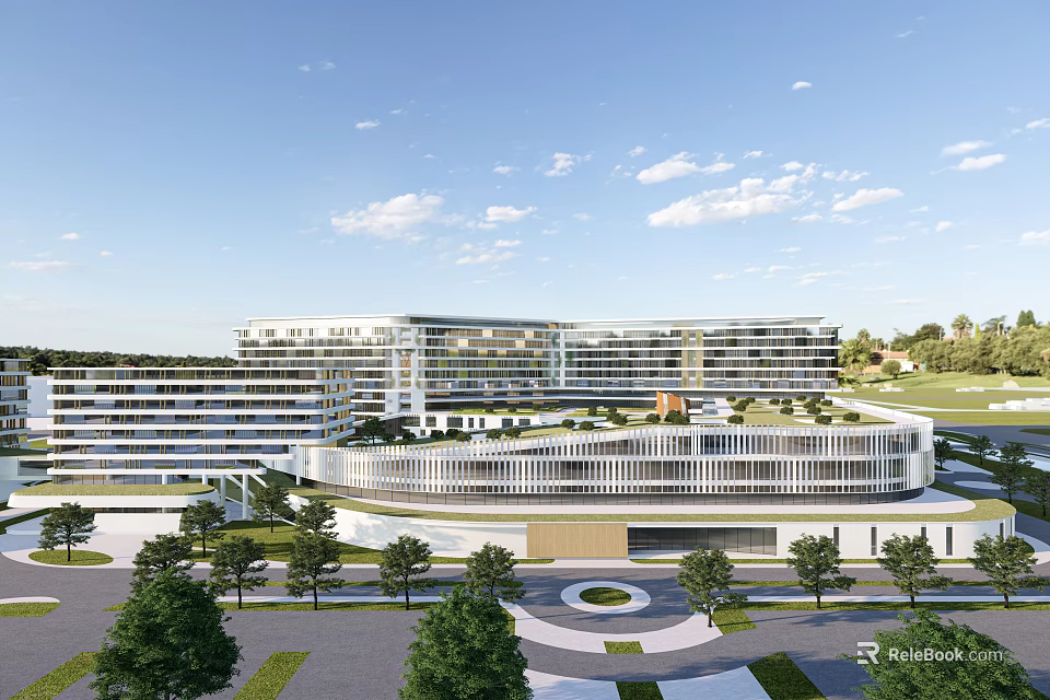 Modern Architectural Complex With Glass Facade Green Landscaping And Circular Plaza 3d model 