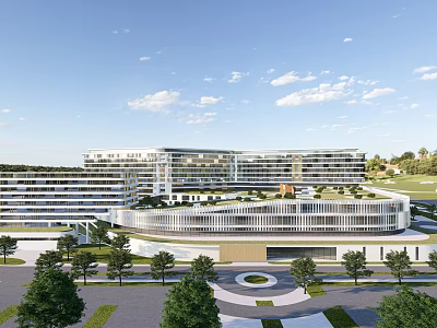 Modern Architectural Complex With Glass Facade Green Landscaping And Circular Plaza 3d model