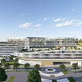 Modern Architectural Complex With Glass Facade Green Landscaping And Circular Plaza