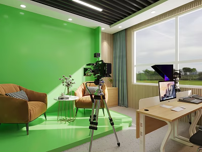 School Media Room With Green Walls Camera Tripod Sofas Laptop And Green Plants Outside Window 3d model