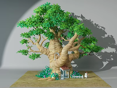 Large Tree with Lush Green Leaves Thick Trunk Small House White Fence and People 3d model