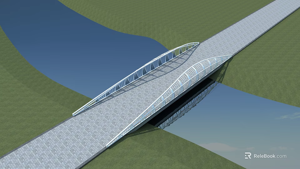 Modern Curved Bridge Design Spanning Water With Green Grass And Reflection 3d model 