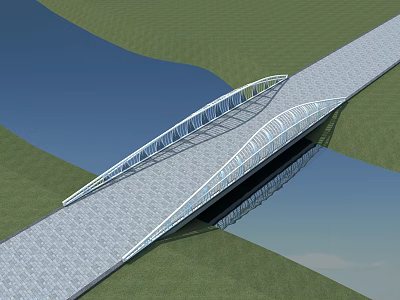 Modern Curved Bridge Design Spanning Water With Green Grass And Reflection 3d model