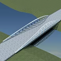 Modern Curved Bridge Design Spanning Water With Green Grass And Reflection