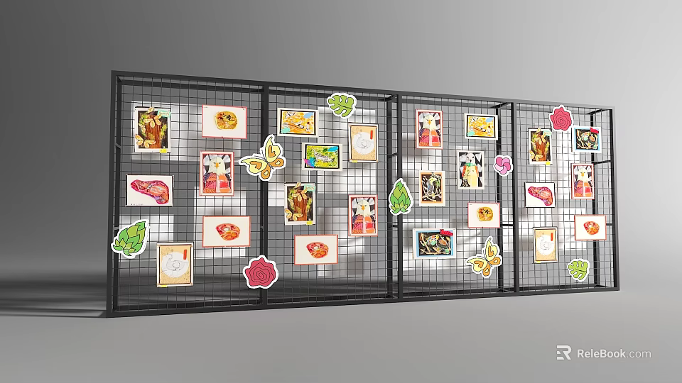 Black Grid Frame Display Shelving Featuring Food Images Leaf And Butterfly Stickers 3d model 