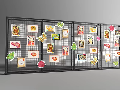 Black Grid Frame Display Shelving Featuring Food Images Leaf And Butterfly Stickers 3d model