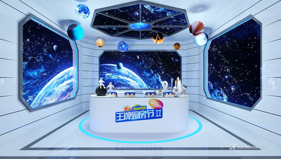 Public Office Area Live Studio With Starry Sky Background Planet Decor And Earth Projection 3d model 