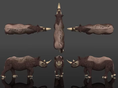 Horned Reptile 3D Models with Brown Texture in Standing and Lying Poses on Reflective Surface 3d model