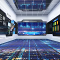 Modern Tech Exhibition Hall With Large Screens Data Visualization And White Interior Design 3d model