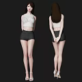 Stylish Woman In White Lace Top And Black Shorts Standing