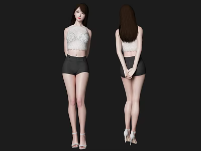 Stylish Woman In White Lace Top And Black Shorts Standing 3d model
