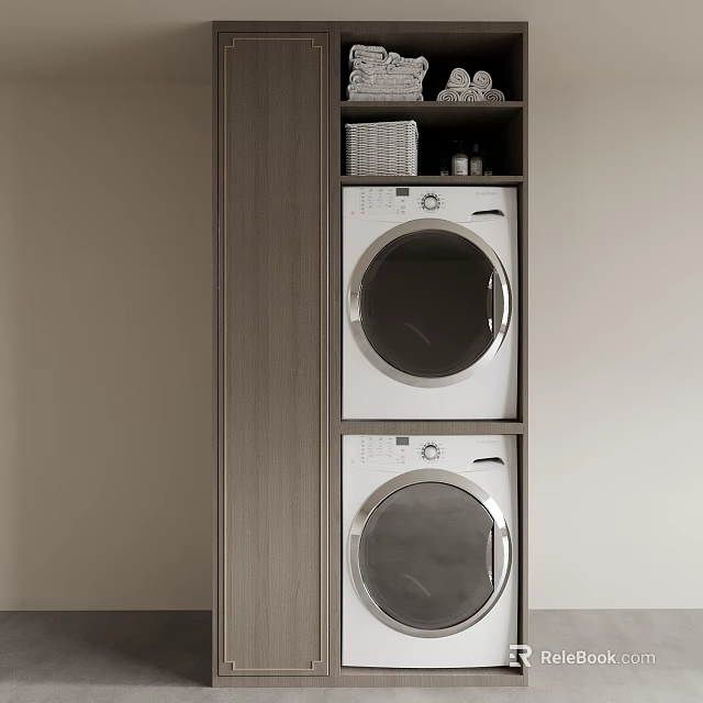 Modern Stacked Washing Machines In Laundry Room With Wooden Cabinet And Storage Baskets 3d model 