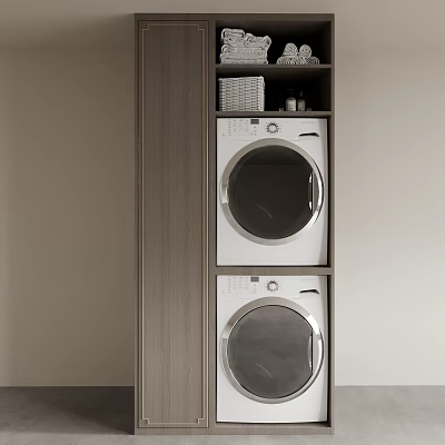 Modern Stacked Washing Machines In Laundry Room With Wooden Cabinet And Storage Baskets 3d model