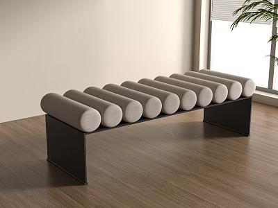 Modern Indoor Sofa Bench With Cylindrical Beige Cushions And Black Metal Frame On Wooden Floor 3d model