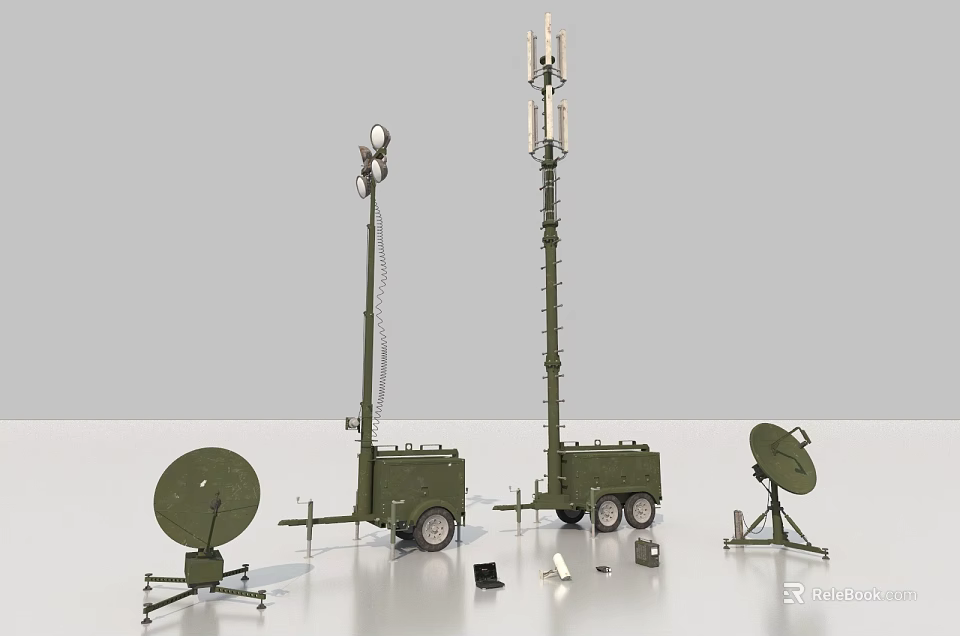 Industrial Telecommunication Equipment With Mobile Antenna Tower Satellite Dish And Trailer Units 3d model 