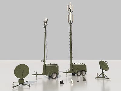 Industrial Telecommunication Equipment With Mobile Antenna Tower Satellite Dish And Trailer Units 3d model