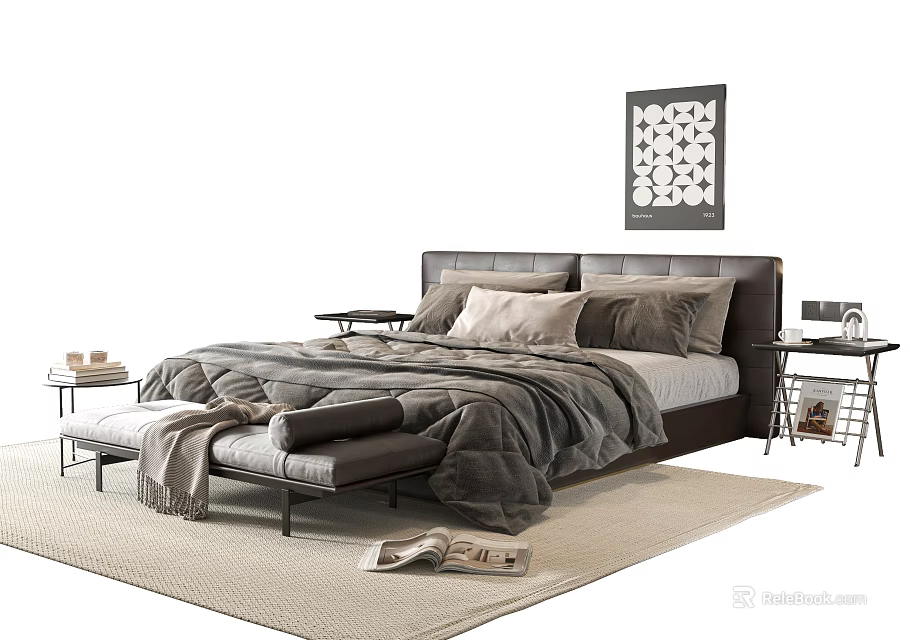 Modern Double Bed with Gray Bedding Footstool Nightstands and Decorative Painting on Rug 3d model 