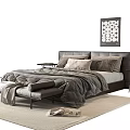 Modern Double Bed with Gray Bedding Footstool Nightstands and Decorative Painting on Rug
