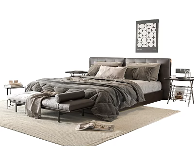 Modern Double Bed with Gray Bedding Footstool Nightstands and Decorative Painting on Rug 3d model