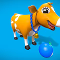 Cartoon Cow With Yellow White Spots Blue Rope Bell Blue Ball Green Grass Blue Background