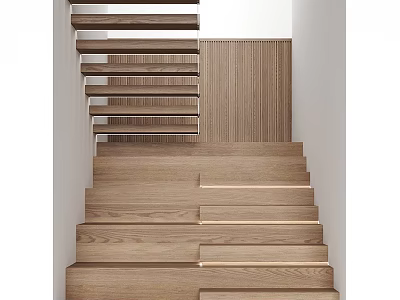 Modern Wooden Staircase Design With Illuminated Steps And Wall Panel Details 3d model
