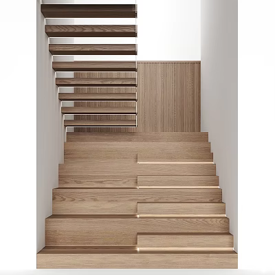 Modern Wooden Staircase Design With Illuminated Steps And Wall Panel Details 3d model