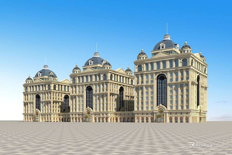 Classical Hotel Building With Multiple Domes Grand Exterior Large Windows And Spacious Front Square 3d model 