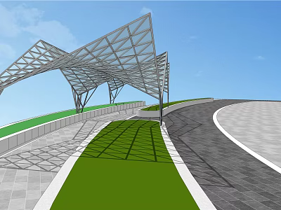 Modern Pergola Geometric Metal Structure Roof Design with Green Lawn Paved Pathway and Blue Sky 3d model