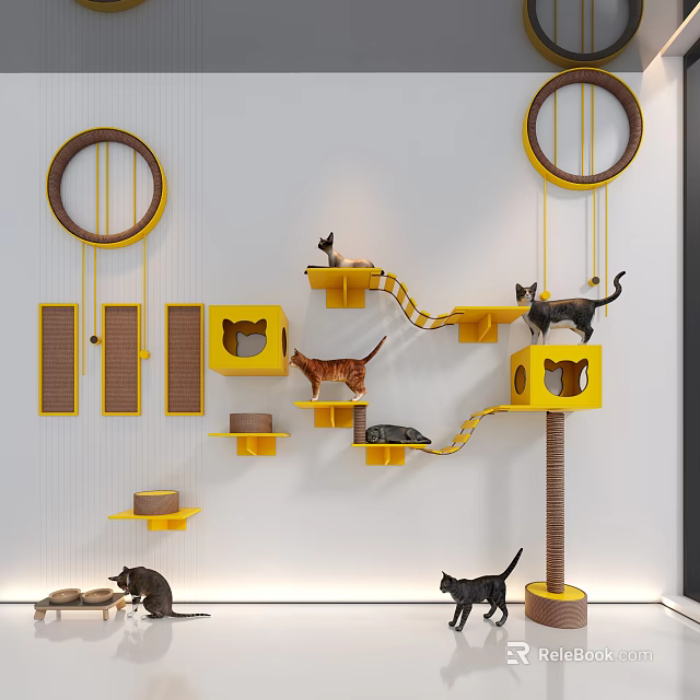 Yellow Wall Mounted Cat Tree Structure With Multiple Platforms And Circular Rings For Cats Playing 3d model