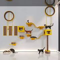 Yellow Wall Mounted Cat Tree Structure With Multiple Platforms And Circular Rings For Cats Playing 3d model
