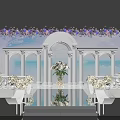 Elegant Wedding Stage With White Arch Blue Backdrop Purple White Floral Garland Central Vase And Mirrored Floor