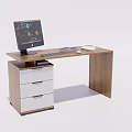Practical Wooden Desk With Computer Monitor Keyboard Mouse And White Drawer Cabinet Setup