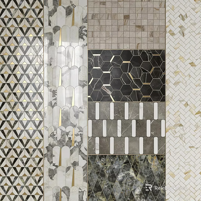 Various Decorative Tile Designs With Geometric Patterns Marble And Gold Accents 3d model