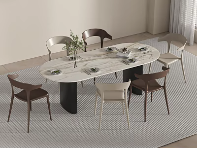 Modern Minimalist Oval Dining Table With White Marble Top And Six Various Color Chairs 3d model
