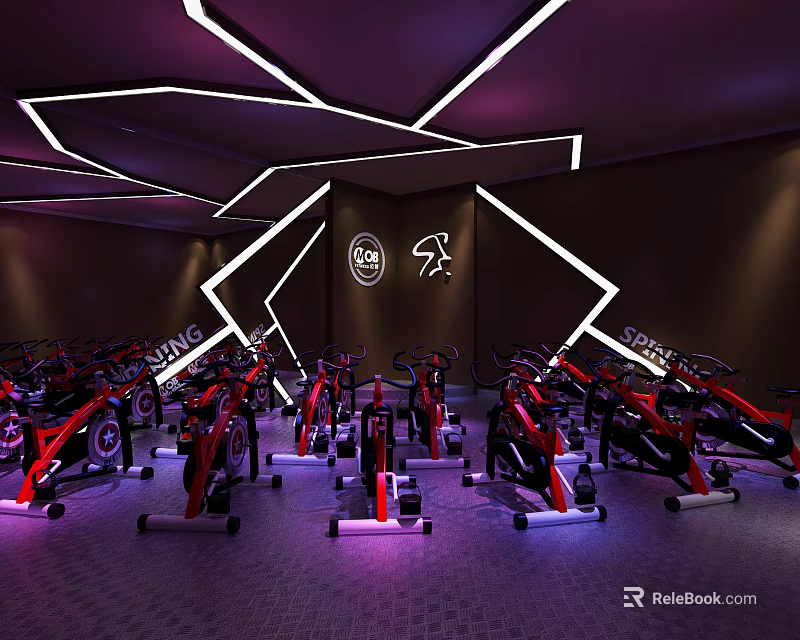 Modern Gym Workout Area With Red Black Spin Bikes Neon Lights And Wall Logo 3d model 