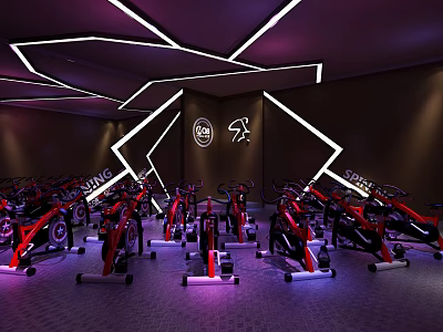 Modern Gym Workout Area With Red Black Spin Bikes Neon Lights And Wall Logo 3d model