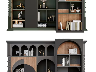 Modern Home Bookcase Designs With Dark Green Black Finishes Wooden Shelves And Decorative Items 3d model