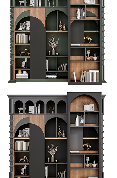 Modern Home Bookcase Designs With Dark Green Black Finishes Wooden Shelves And Decorative Items 3d model