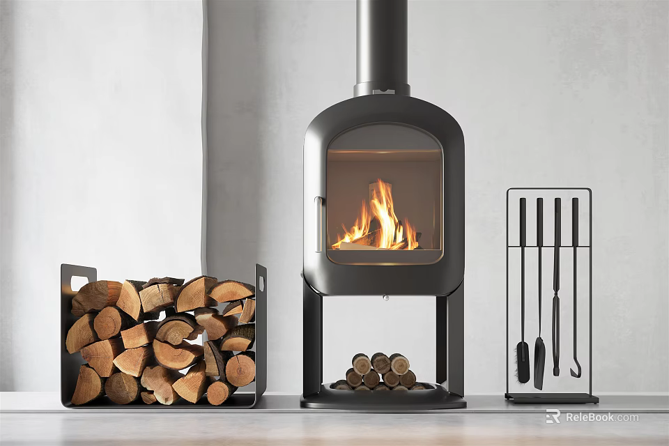 Modern Black Fireplace With Burning Fire Wood Stack Holder And Fireplace Tools 3d model 