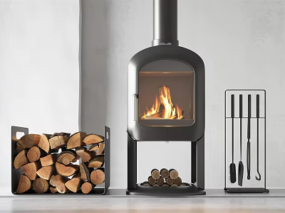 Modern Black Fireplace With Burning Fire Wood Stack Holder And Fireplace Tools 3d model